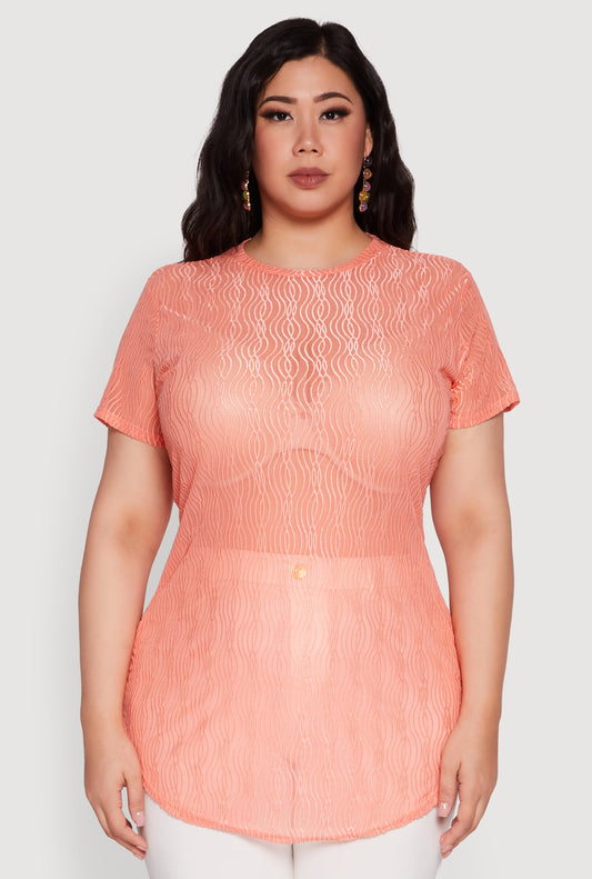 Plus Size Sheer Textured Knit Tunic Top