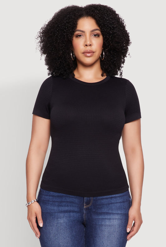 Plus Size Seamless Textured Knit Crew Neck T-Shirt