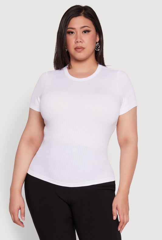 Plus Size Seamless Textured Knit Crew Neck T-Shirt