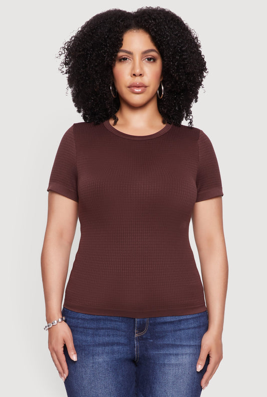 Plus Size Seamless Textured Knit Crew Neck T-Shirt