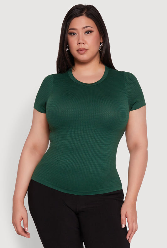Plus Size Seamless Textured Knit Crew Neck T-Shirt