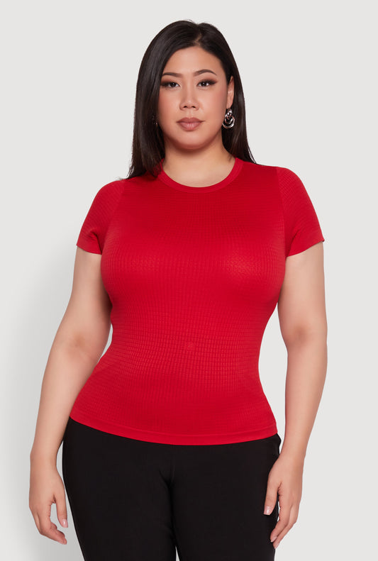 Plus Size Seamless Textured Knit Crew Neck T-Shirt
