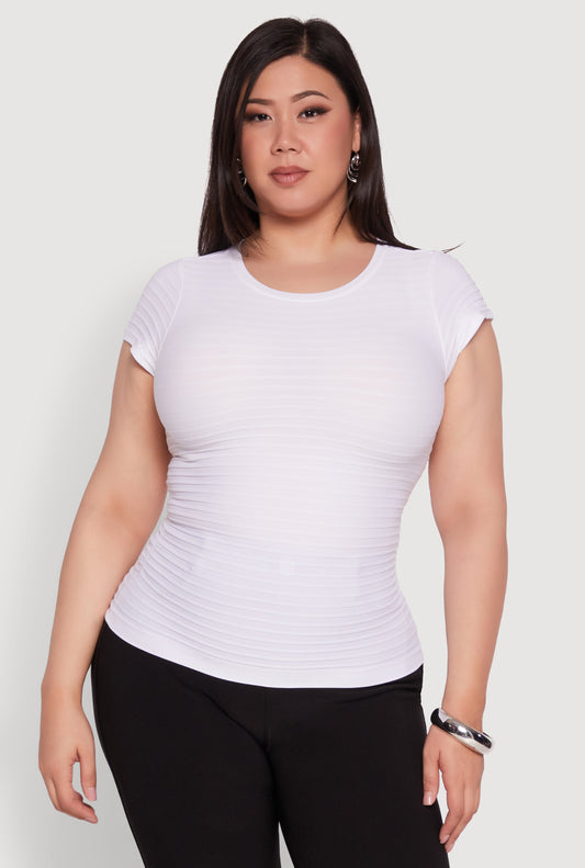 Plus Size Textured Knit Side Ruched Short Sleeve Top