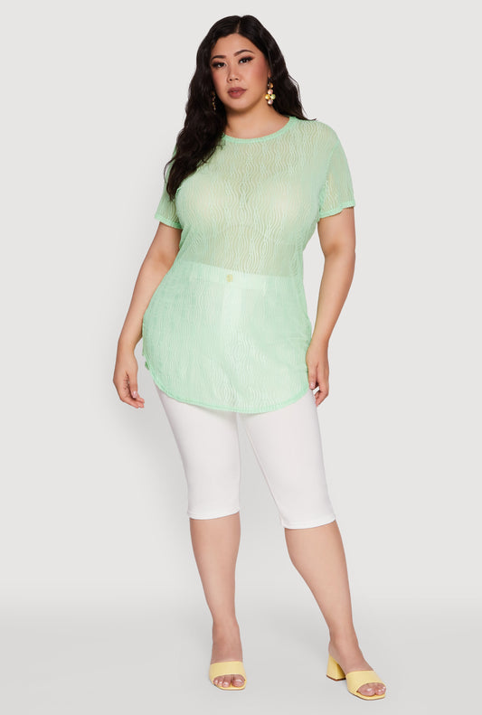 Plus Size Sheer Textured Knit Tunic Top