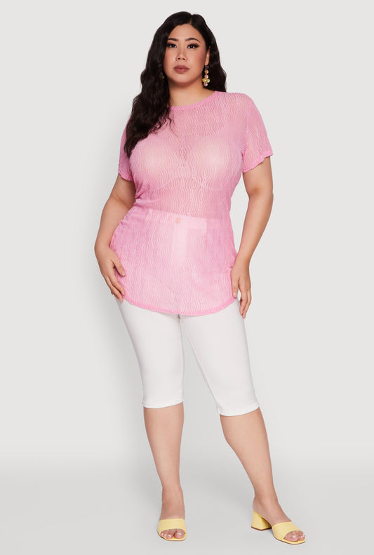 Plus Size Sheer Textured Knit Tunic Top