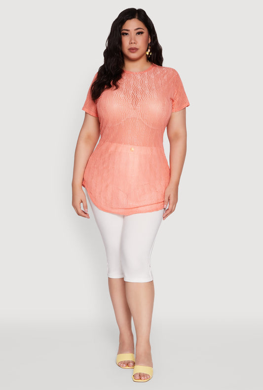 Plus Size Sheer Textured Knit Tunic Top