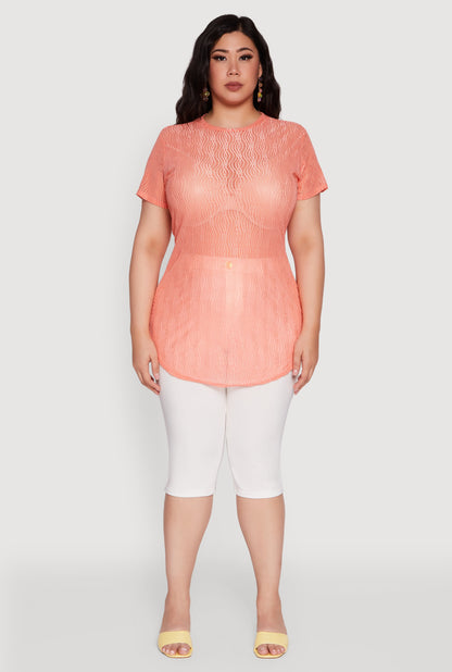 Plus Size Sheer Textured Knit Tunic Top