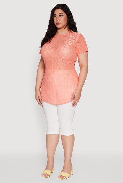 Plus Size Sheer Textured Knit Tunic Top