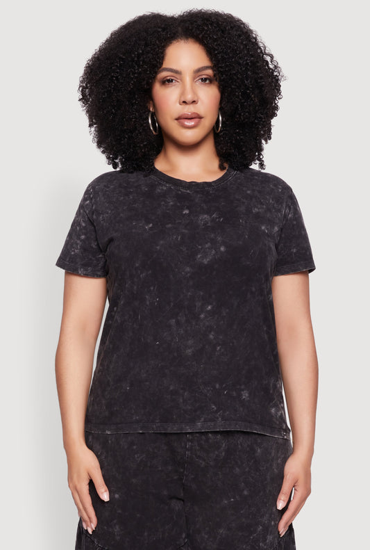 Plus Size Acid Wash Crew Neck Short Sleeve T-Shirt