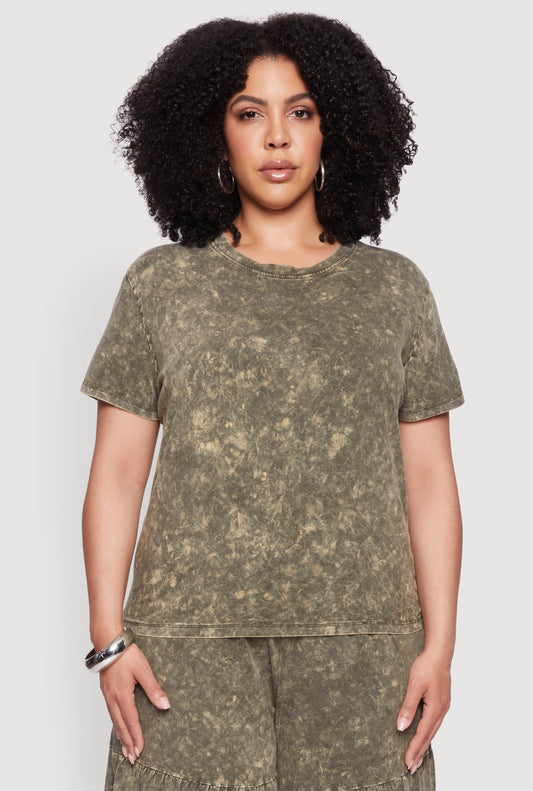 Plus Size Acid Wash Crew Neck Short Sleeve T-Shirt