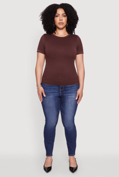 Plus Size Seamless Textured Knit Crew Neck T-Shirt