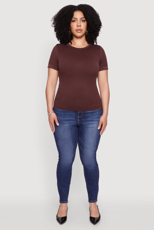 Plus Size Seamless Textured Knit Crew Neck T-Shirt