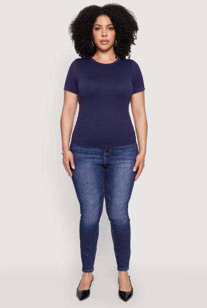 Plus Size Seamless Textured Knit Crew Neck T-Shirt