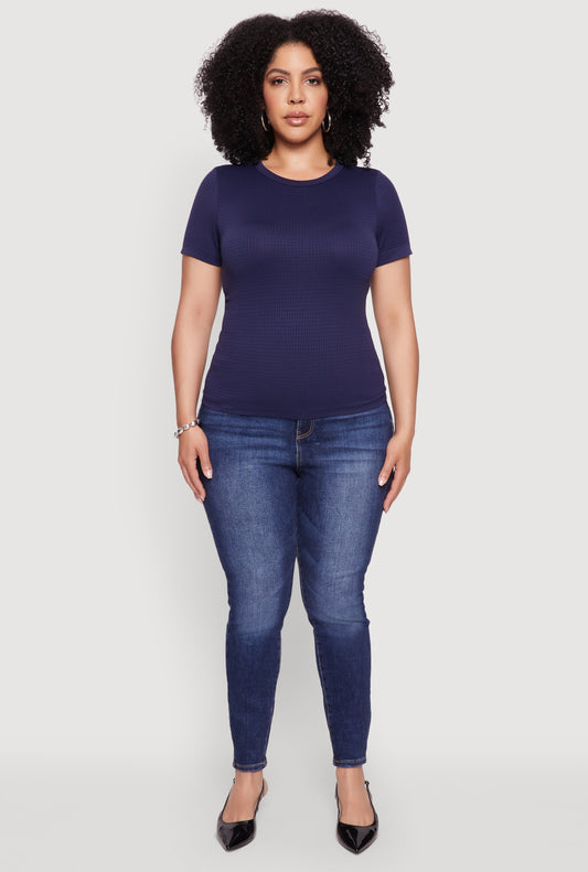 Plus Size Seamless Textured Knit Crew Neck T-Shirt