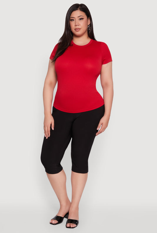 Plus Size Seamless Textured Knit Crew Neck T-Shirt
