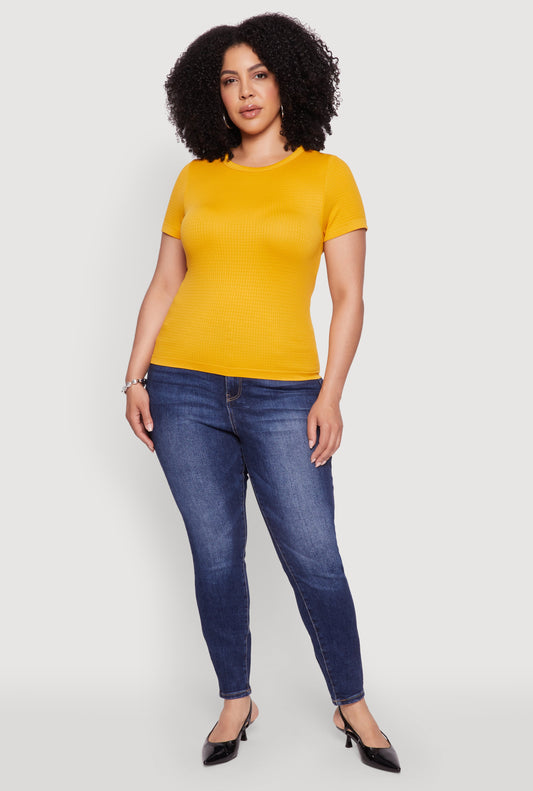 Plus Size Seamless Textured Knit Crew Neck T-Shirt