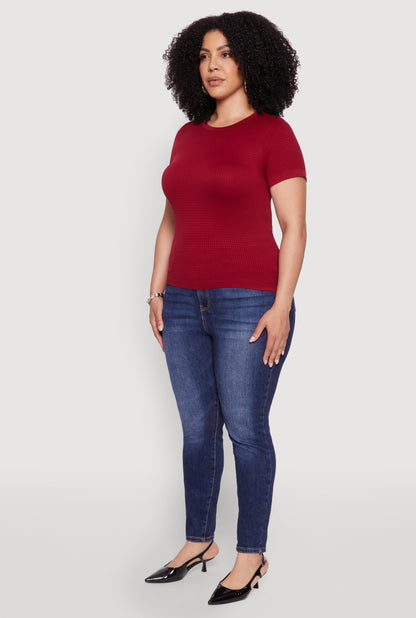 Plus Size Seamless Textured Knit Crew Neck T-Shirt
