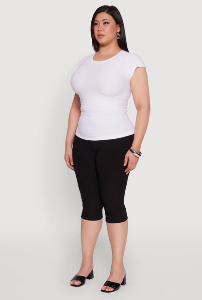 Plus Size Textured Knit Side Ruched Short Sleeve Top